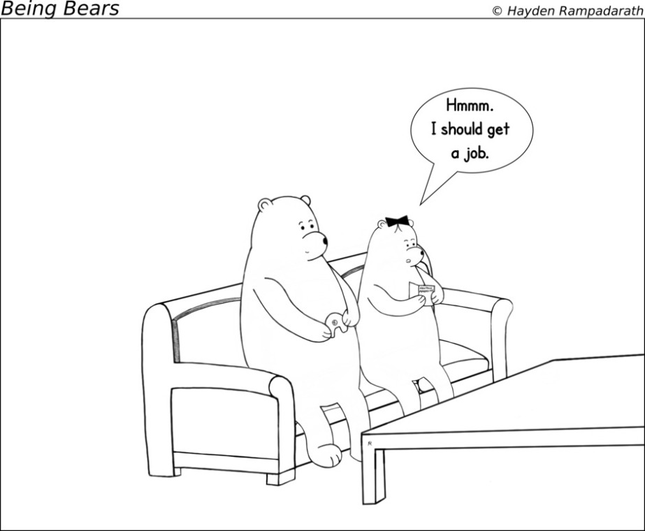 Cute comic Bears on couch. Little Bear is looking for a job.