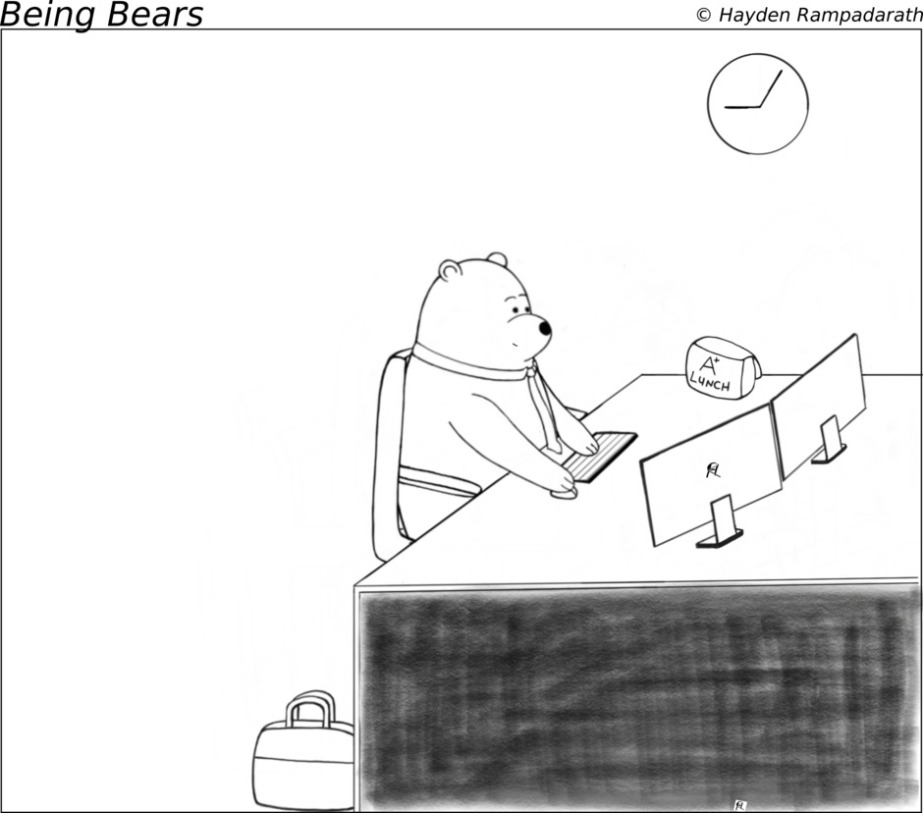 Cute comic Big Bear at a desk at the office.