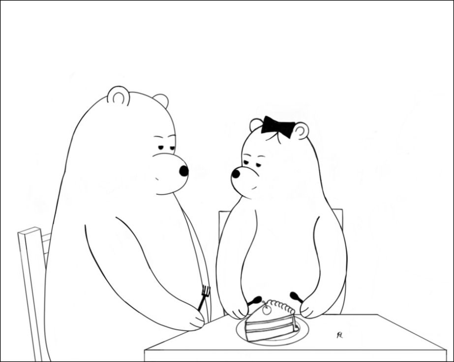 Bears look at each other suspiciously, each ready to grab cake.
