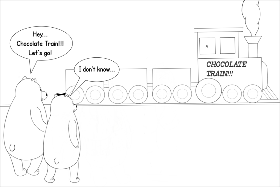 Big Bear asks Little Bear to jump on the Chocolate Train. She hesitates.