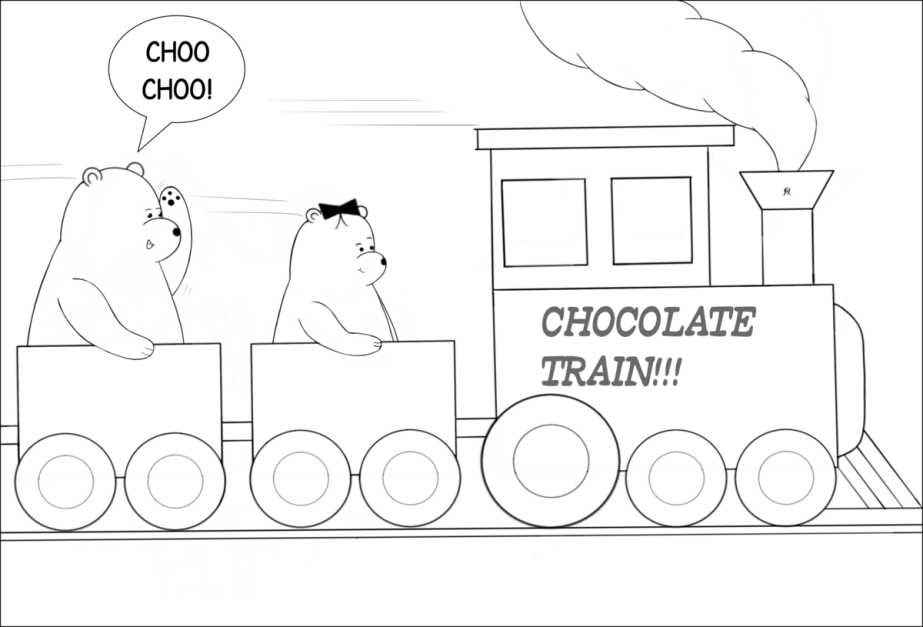Bears are having fun on the Chocolate train. Big Bear goes Choo Choo!
